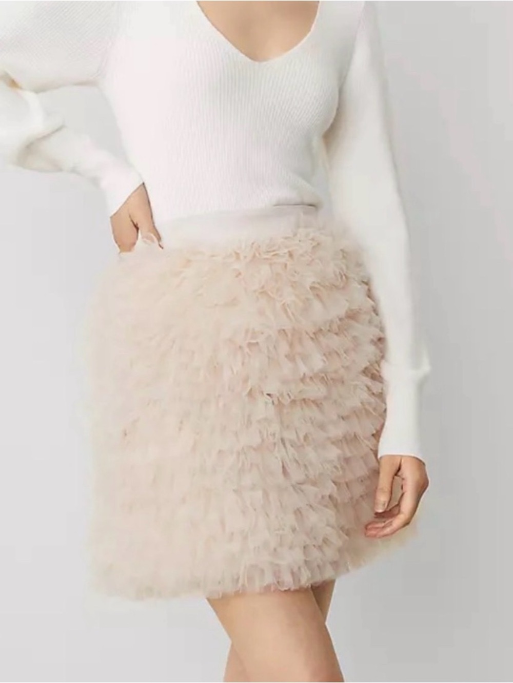 NWT Ann Taylor Studio Collection Tulle Ruffle Mink Skirt Size 12 Cream Holiday